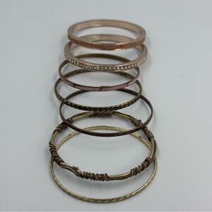 Bangle Bundle of 7 Gold Tone and Bronze Tone Bracelets Shell Rhinestones Various